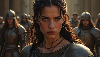 Strong woman in armor standing fierce in a battle scene with soldiers in background