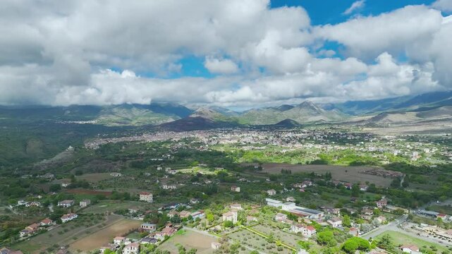View of Olive groves and fields from a drone over Road E45, Castrovillari, Cosenza, Calabria, Italy, Europe