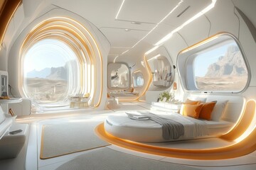 Fototapeta premium Futuristic bedroom, desert view, minimalist design, curved walls.