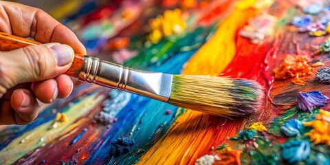 Obraz premium Creative hand with paintbrush applying vibrant colors on textured canvas in studio
