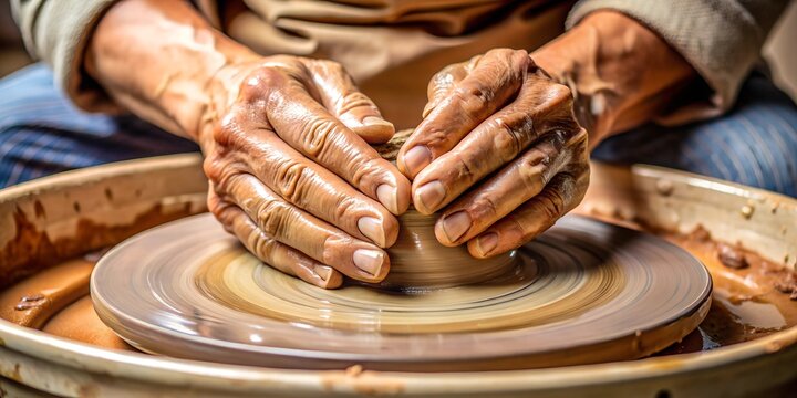 Hands skillfully shaping clay on a pottery wheel during a craft session in a cozy workshop