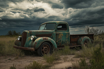 Fototapeta premium Abandoned vintage truck in overgrown field, evoking feelings of loneliness and nostalgia