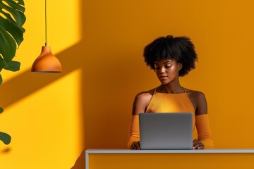 Stylish Woman with Afro Using Laptop