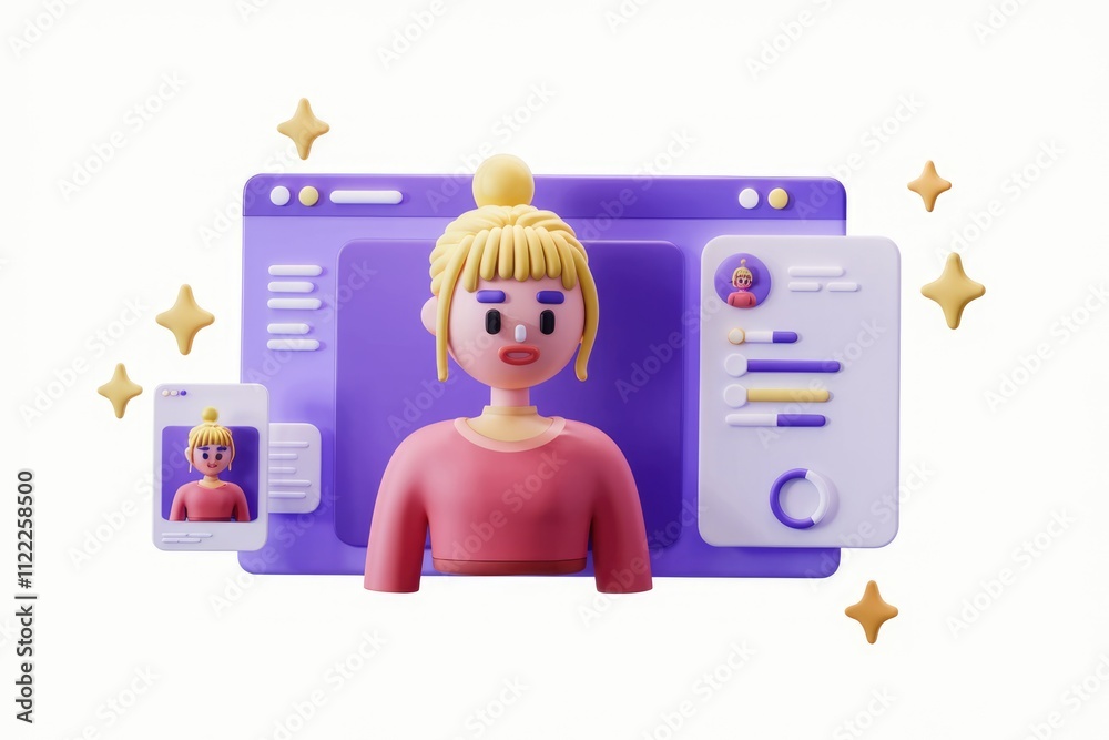 Poster 3d render of a female cartoon character's profile displayed on a computer screen.