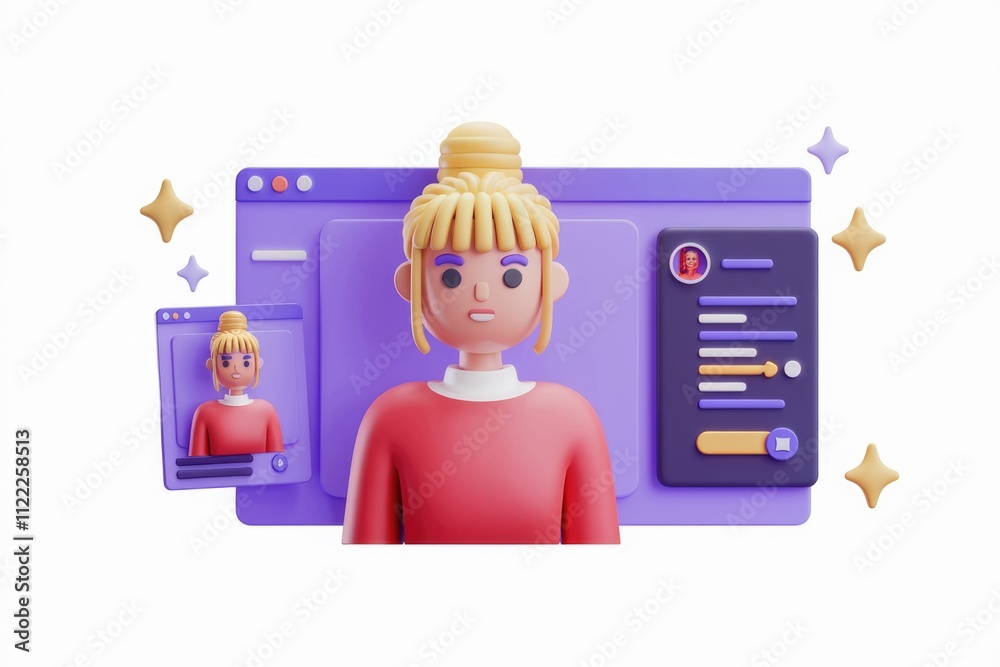 Poster 3d illustration of a woman's profile on a computer screen, showcasing online identity and user inter