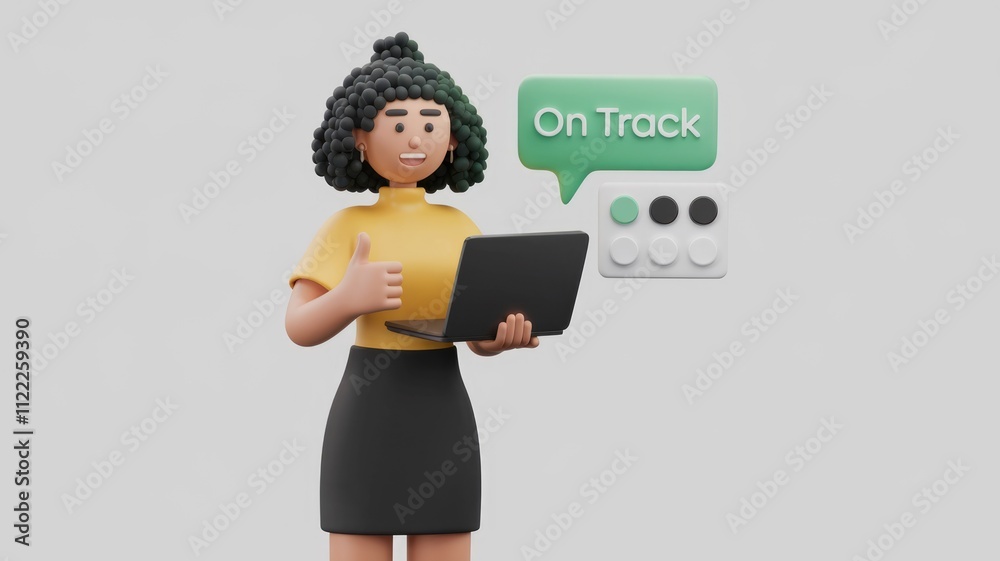 Poster a 3d animated woman shows a thumbs up while holding a laptop, indicating project completion and bein