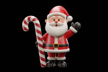 Fototapeta premium A cheerful 3D Santa Claus waves while holding a large candy cane, festive and jolly.
