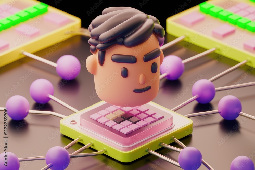 Poster 3D cartoon man connected to a network of nodes, representing data processing or neural connections.