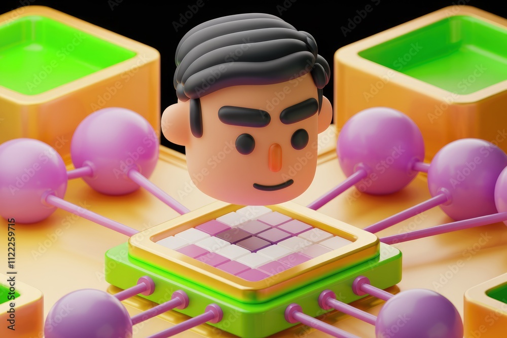 Poster A 3D cartoon man's head connected to a colorful network, symbolizing connection and data processing.