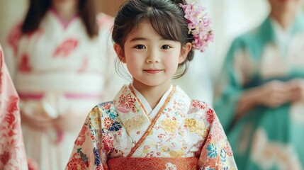 Adorable Girl in Colorful Kimono Japanese Culture Child Portrait