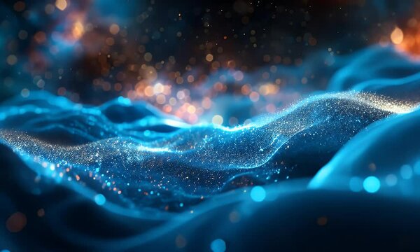 Abstract blue wave with glittering particles and bokeh lights.