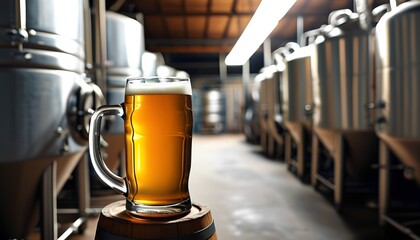 A mug of golden beer sits prominently on a wooden barrel inside a spacious brewery filled with stainless steel tanks