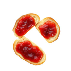 Sweet Simplicity: Trio of Bread Slices Adorned with Lush Strawberry Jam, Captured Against a Clear Canvas.
