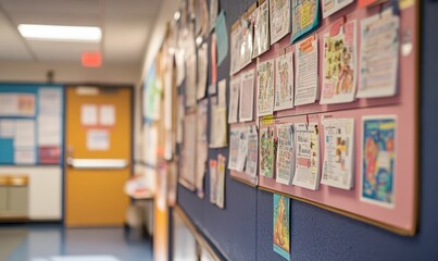 Fototapeta premium Classroom wall, colorful papers, pinned notices.