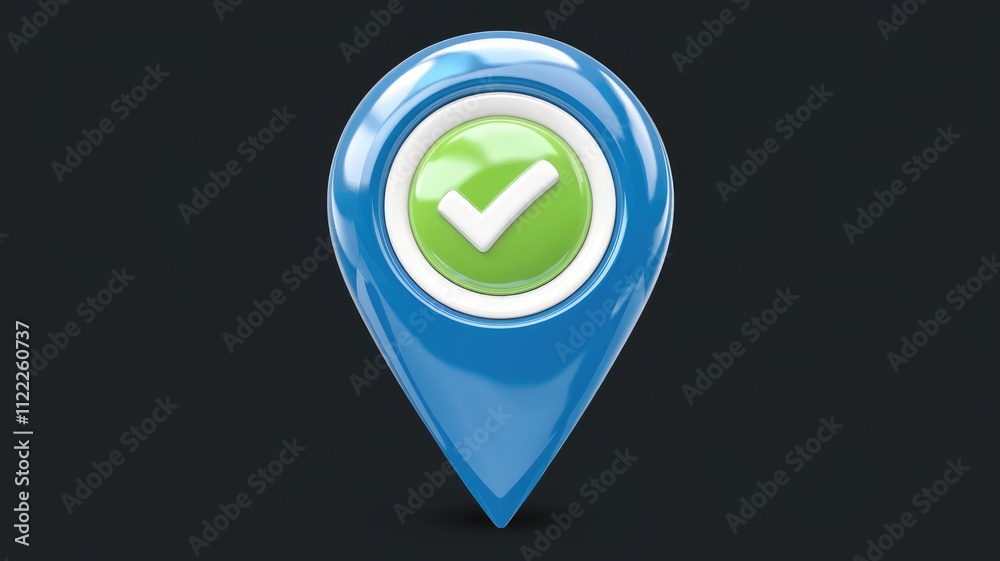 Poster A 3D rendered blue map pin with a green checkmark, signifying location confirmation.