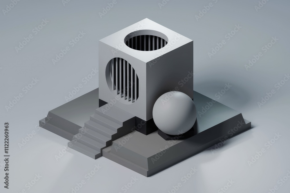 Fototapete Minimalist 3D render of a geometric structure featuring a cube with circular openings, stairs, and a sphere.