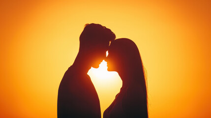 Silhouetted young couple sharing a tender moment against a vibrant sunset, symbolizing love and connection.