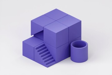 Obraz premium Abstract 3D rendering of purple geometric shapes, including cubes, stairs, and a cylinder, creating a unique architectural structure.