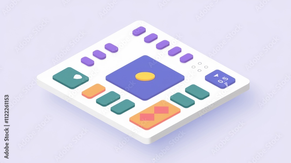 Poster Isometric illustration of a colorful user interface with various buttons and controls.