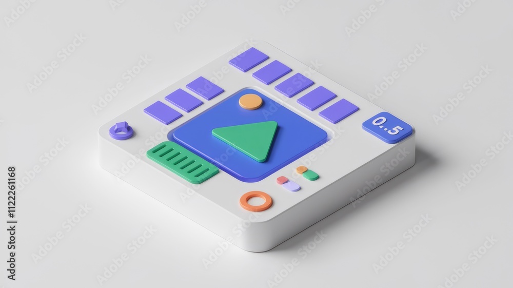 Poster A 3D rendering of a colorful, minimalist control panel with play button and various buttons.