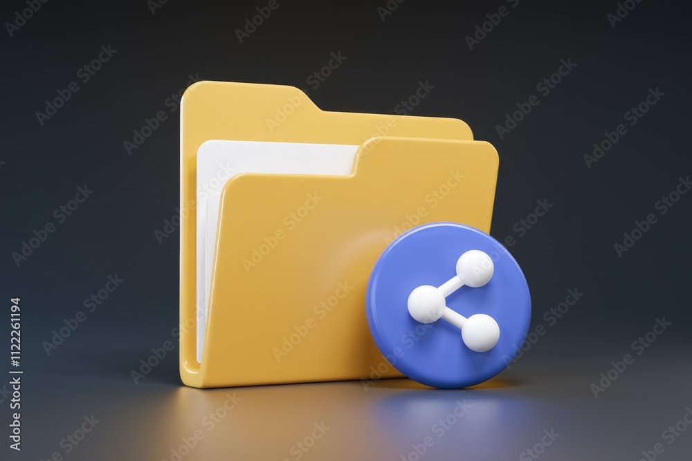 Poster 3D render of a yellow folder with a blue share icon, symbolizing file sharing.