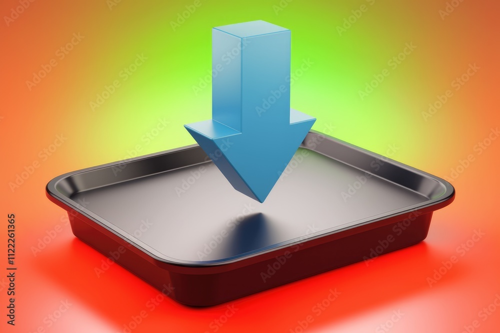 Poster a 3d render of a blue arrow pointing downwards into a black tray, symbolizing download or input.