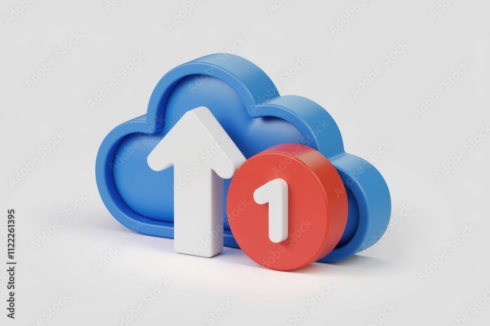 Poster 3D render of a cloud with an upward arrow and a notification of one.