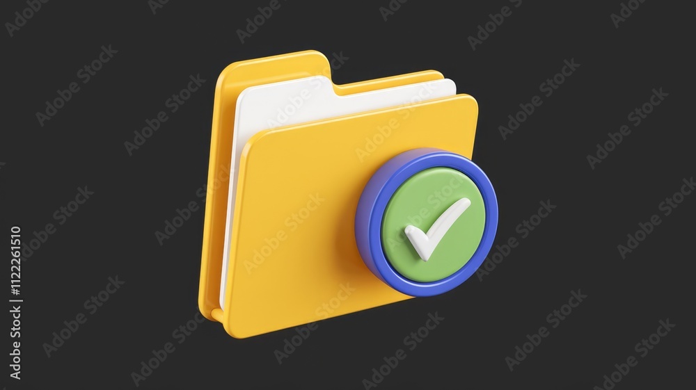 Poster 3D render of a yellow folder icon with a green checkmark signifying file completion or approval.