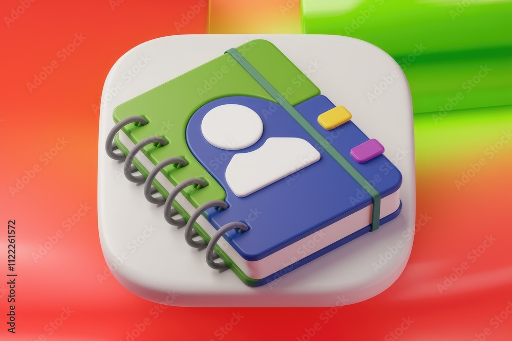 Poster a 3d render of a colorful spiral notebook with a person icon, symbolizing a contact book or personal