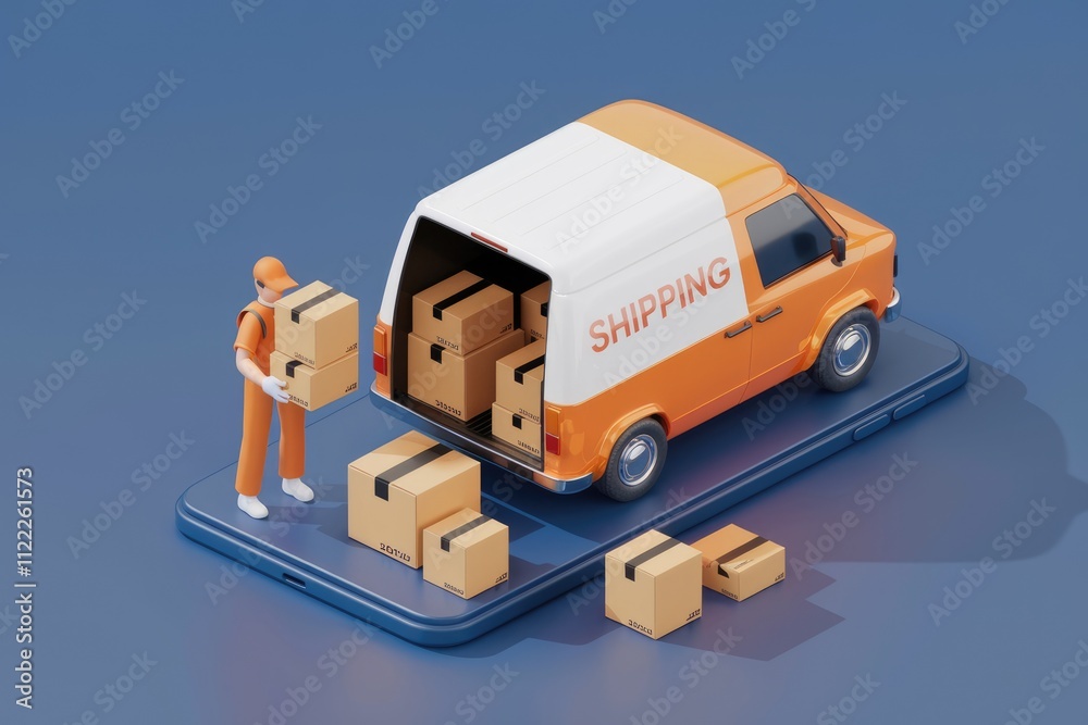 Poster delivery man loading cardboard boxes into a shipping van on a smartphone.