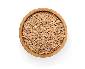 Wooden bowl with spelt grain isolated on white