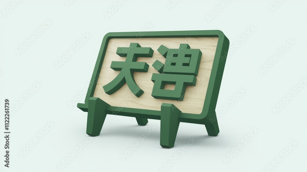 Poster A green wooden sign with the Japanese characters for 'Amagi' displayed on a small easel.
