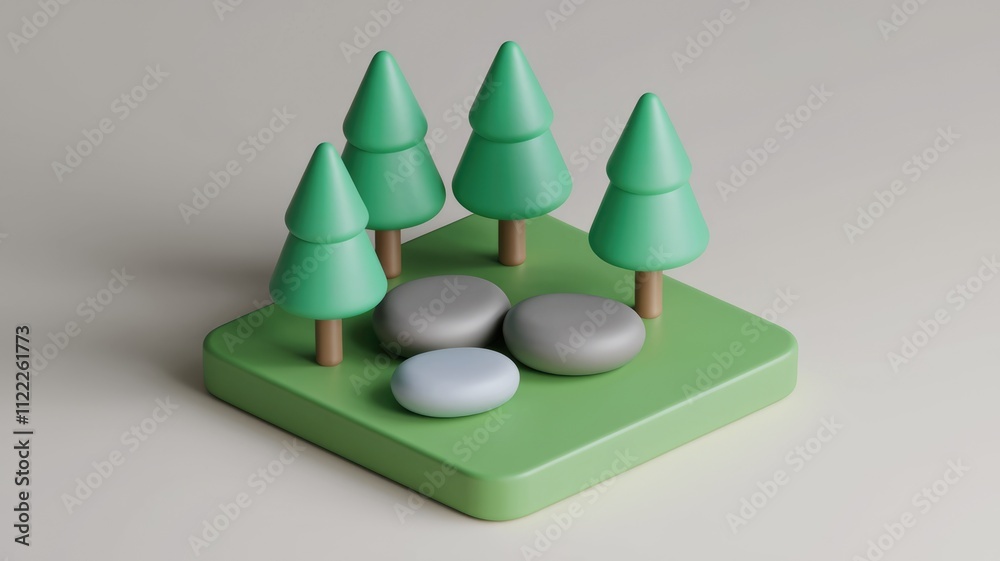 Poster A miniature 3D rendering of four stylized green trees and three stones on a green square base.