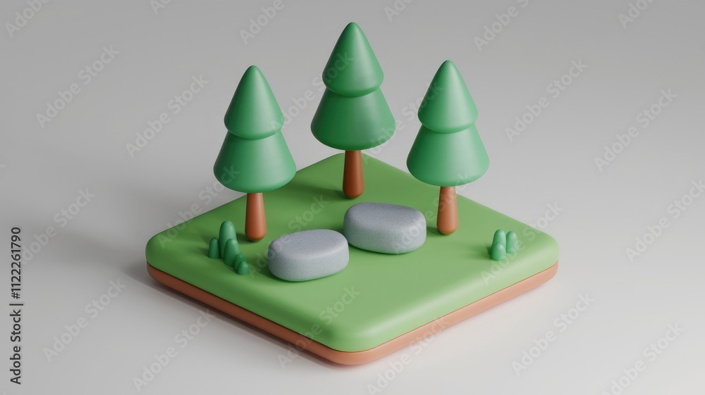 Poster A minimalist 3D rendering of a small forest scene with three stylized evergreen trees and two rocks on a green patch.
