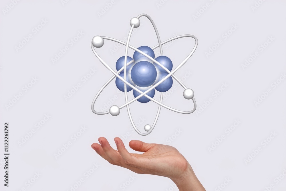Poster a hand gently holds a 3d model of an atom, symbolizing science and technology.