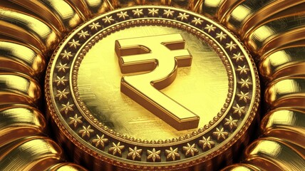 Obraz premium A golden Indian Rupee symbol is prominently displayed on a luxurious, ornate coin.