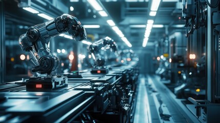 Automated robotic assembly line in a modern factory.