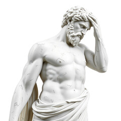 Lost in Contemplation: A Marble Figure of a Bearded Man, Poised in Reflection Against a Transparent Canvas.