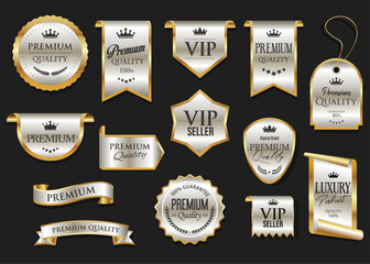 Golden luxury labels and badges gold premium quality certificate ribbons vector illustration 