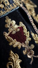 Close-up of ornate gold embroidery on dark velvet fabric.