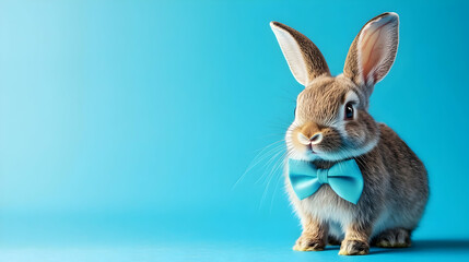 Obraz premium Charming rabbit wearing a blue bow tie against a vibrant blue background, creating a fun and trendy atmosphere, perfect for fashion, wildlife, and playful concepts