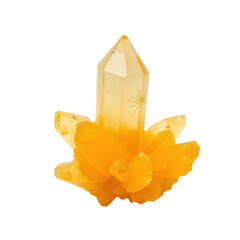 Fototapeta premium Radiant Golden Crystals: A striking display of luminous yellow formations with a standout central point, elegantly set against a transparent backdrop, invoking celestial beauty and mystique.