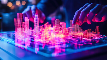 Architect designing futuristic buildings using innovative holographic technology