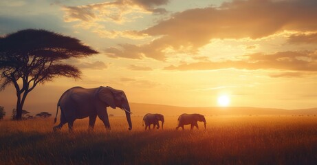 Obraz premium A group of wild elephants strolls across the savanna in Tarangire National Park, Tanzania, East Africa