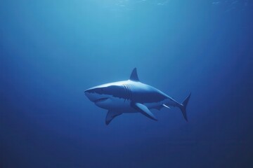 Obraz premium Underwater photography captures a Great White Shark, a predator hunting near the ocean's surface in clear blue waters