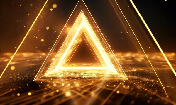 Golden triangle light trails on dark background.