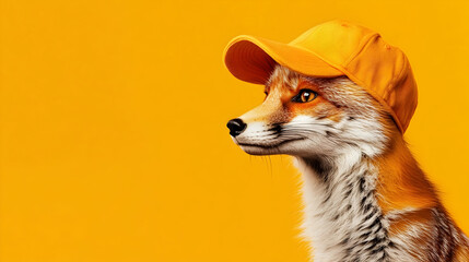 Obraz premium Stylish fox wearing an orange cap against a vibrant orange background, creating a fun and energetic atmosphere, ideal for fashion, wildlife, and playful concepts
