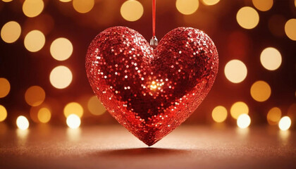 Obraz premium A large, glittering red heart, composed of sparkling sequins, is centrally located in the image. Happy Valentines Day, Valentines Day Background.