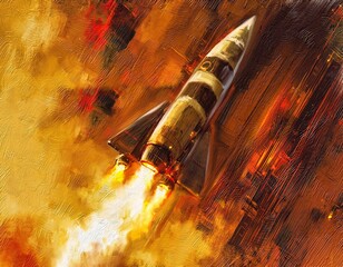 Launch of a space rocket from the cosmodrome, rocket in the sky. Oil paintings landscape, fine art, rocket in space © yaroslavartist