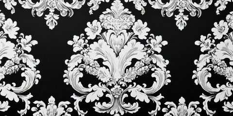 Obraz premium A decorative black and white damask wallpaper pattern featuring intricate floral designs.